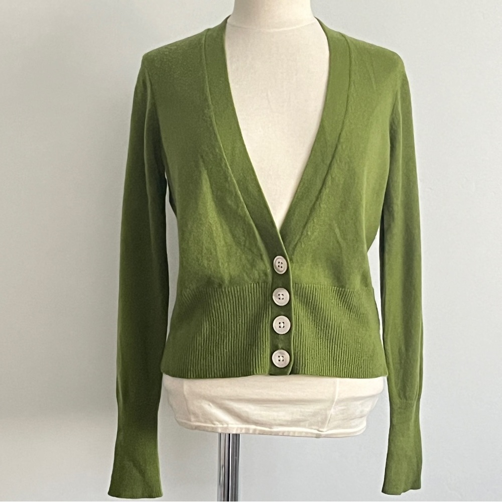 Italian Cashmere Green Banana Republic V Neck Mother of Pearl Button Up Cardigan